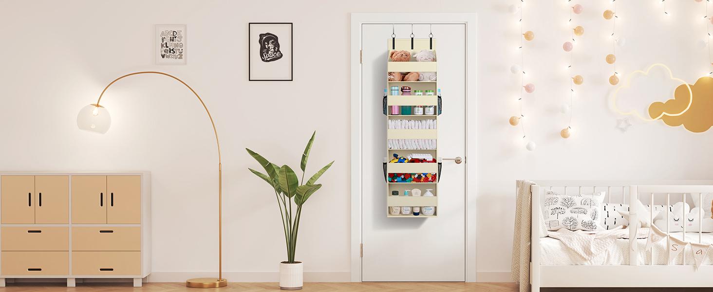 Lifewit 1 Pack Over the Door Organizer, Clear Window Hanging Storage with 4 Side Pockets, Anti Tilt 40 lbs Load Behind Door for Pantry, Nursery, Bathroom, Bedroom, Dorm, 5 Section, Beige