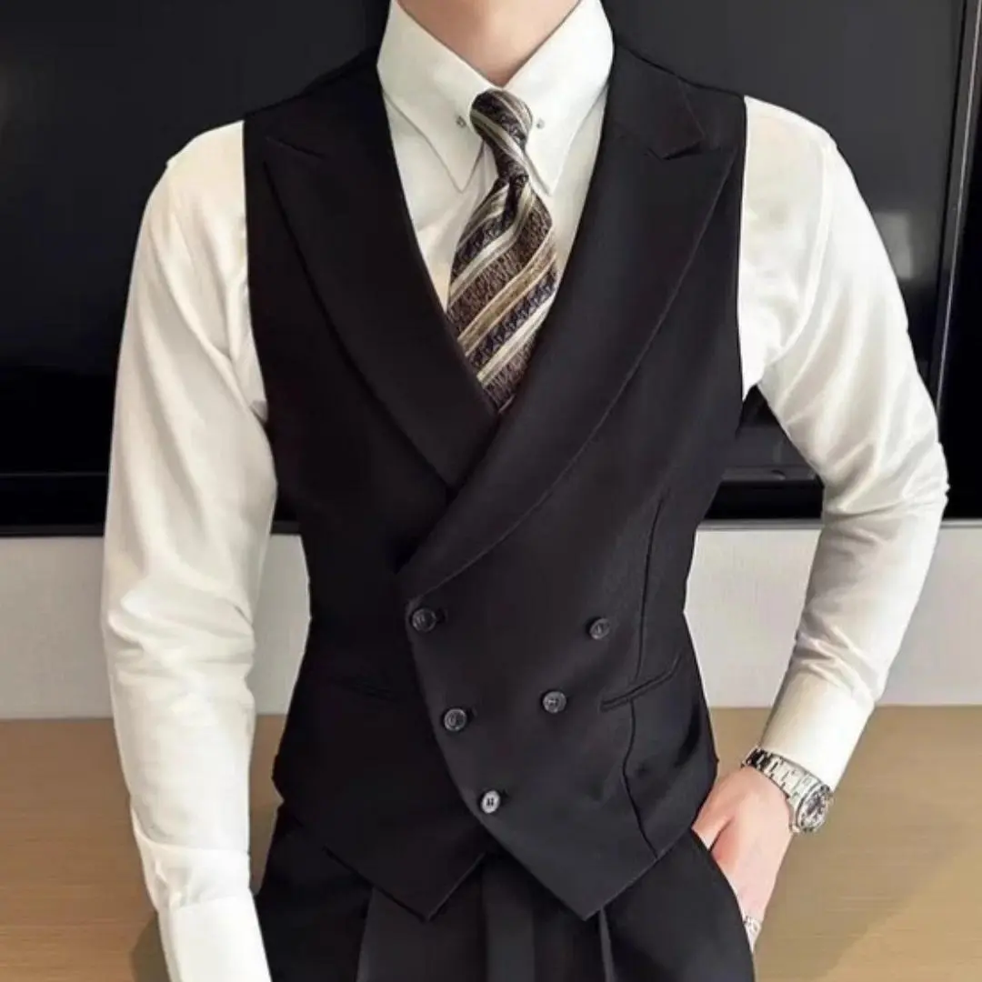 Men Vest Black With Lapel Solid Double Button Waistcoat For Wedding Groom Banquet Business Casual Work Daily Men Suit Vest