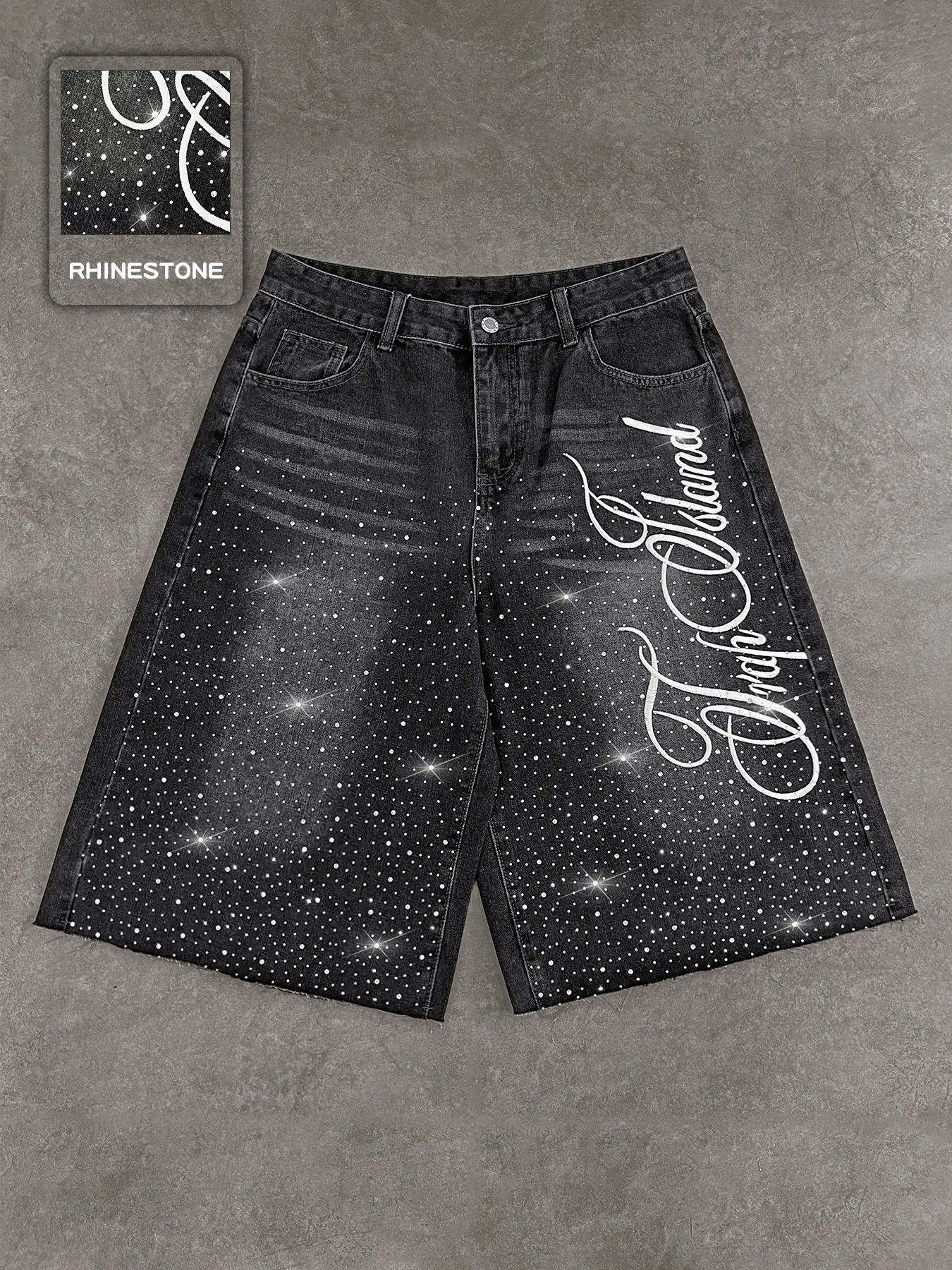 Studded Embroidered Casual Jeans, Letter Embroidery Shorts  display picture 1