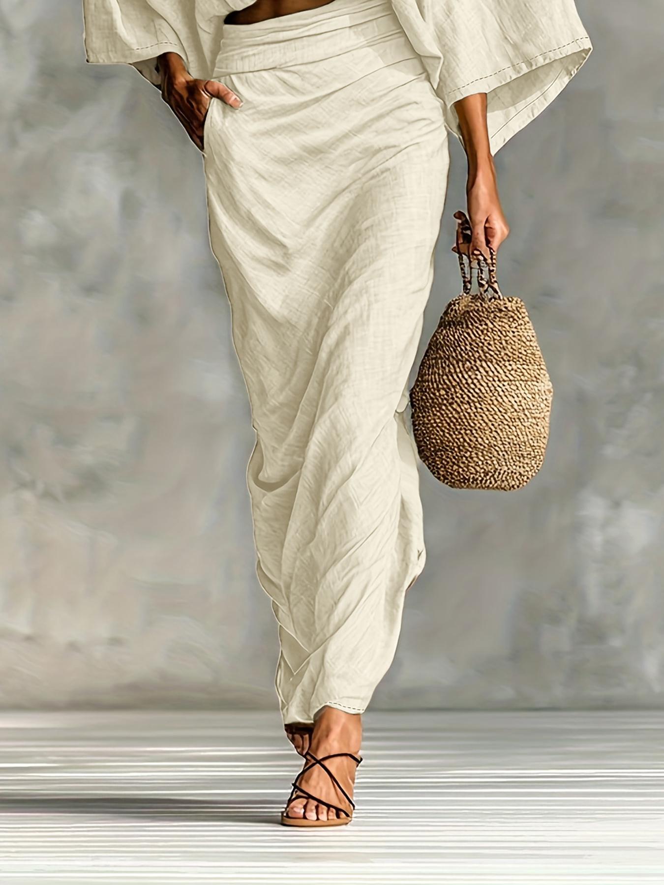 Women's Stylish Loose-Fitting Casual Two-Piece Set, Spring & Fall Comfortable Long Skirt with Waist Definition and Pocket one pocket..