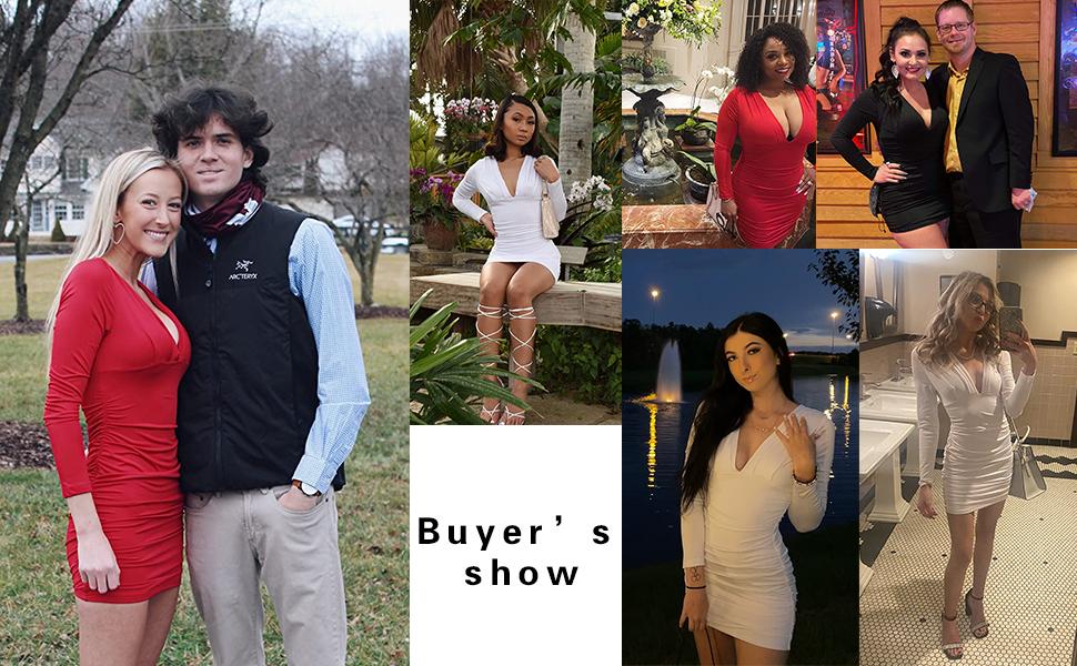 OYV Women's Sexy Army Green V-Neck Long Sleeve Ruched Bodycon Mini Dress for Party & Casual Wear