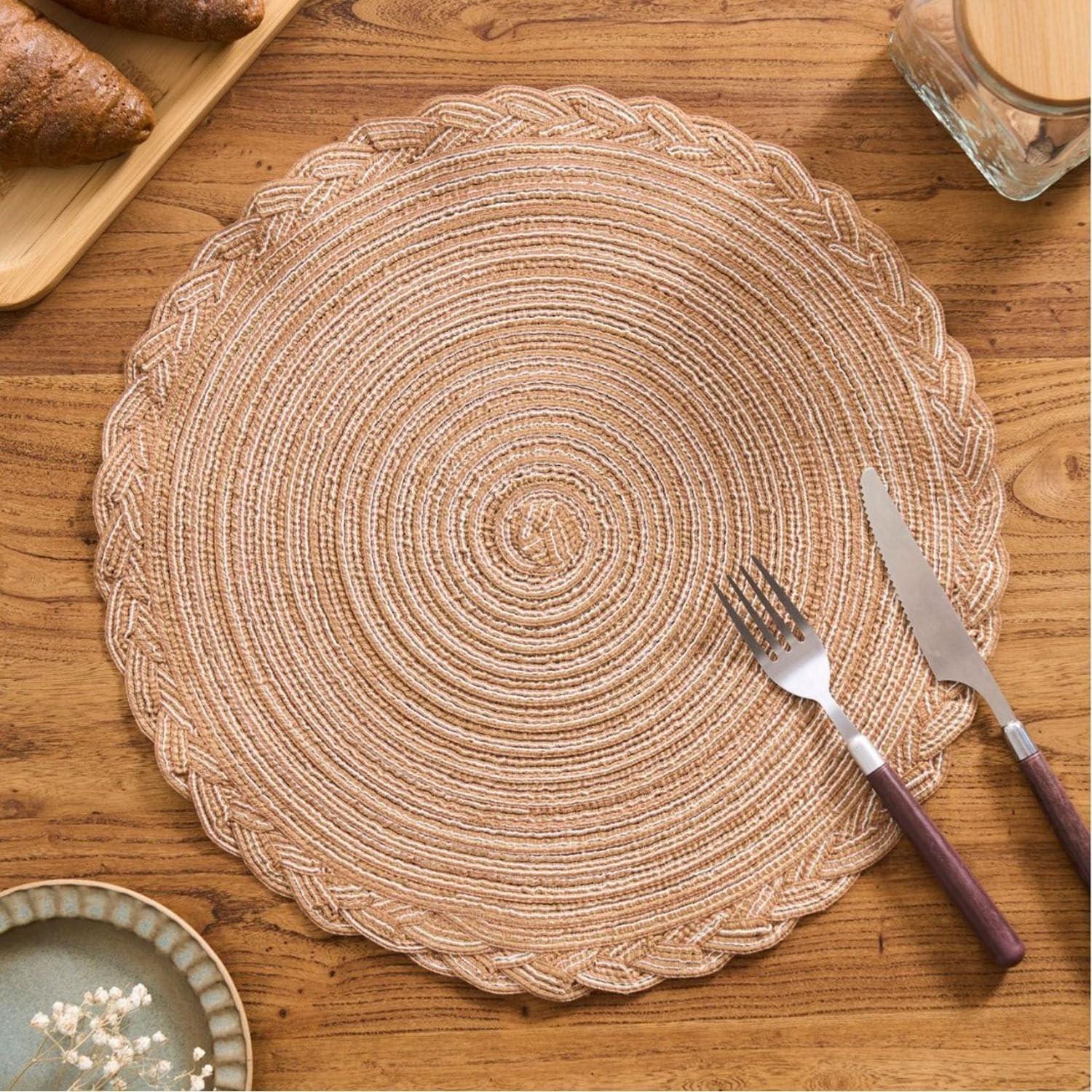15 inch/38cm Round Placemats Set of 4 Boho Woven Braided Border Table Mats Washable Heat Resistant Circle Place Mats, Natural Style Woven Cotton Placemats for Dining Table  Party Holiday Banquets