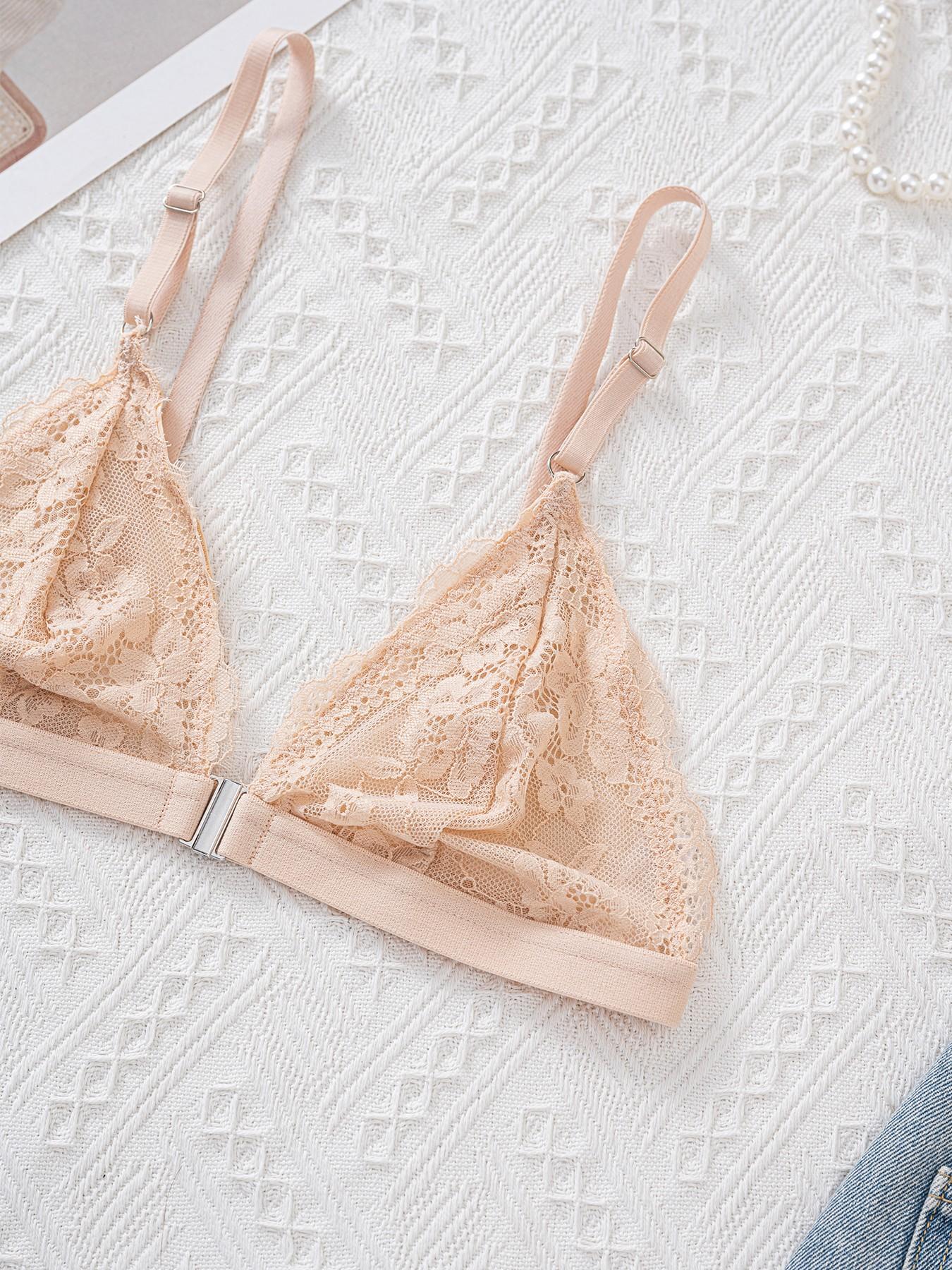 🔥 French Lace Front Closure No Padding Triangle Wireless Bra | Natural Support, Adjustable Straps Invisible Racerback, Easy On/Off, Sexy Lingerie For Daily & Date Night