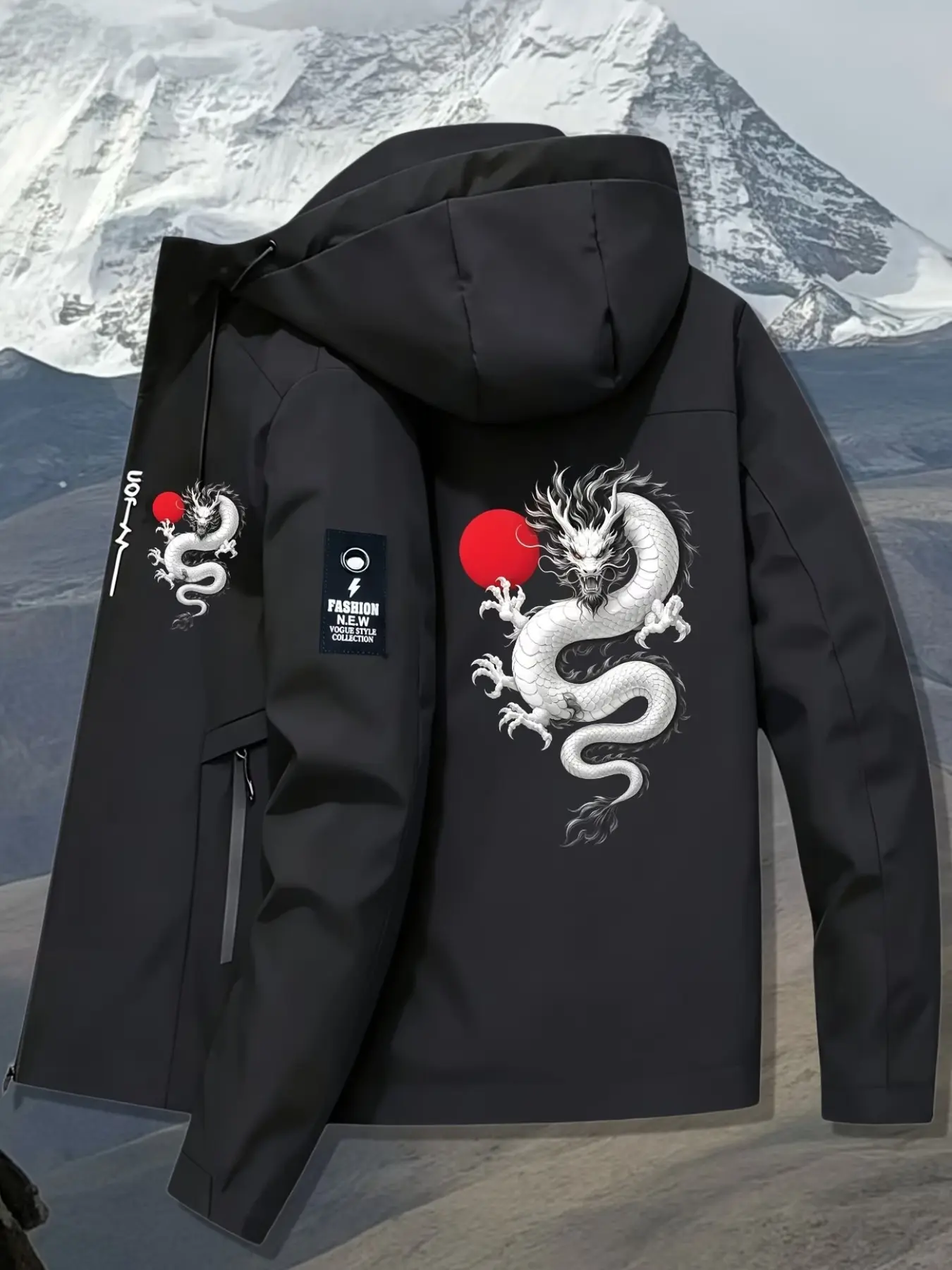 Men's Fall Hooded Jacket, Dragon Print Design, Full Zip Closure, Polyester, Pocket Included, Casual Sporty Style, Zipper Closure Hooded
