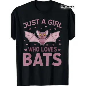 180gJust a Girl Who Loves Bats Cute Bat Lovers T-Shirt |   Same style for men and women, 2025 summer, short-sleeved, printed, pure, 220G, Crew Neck, Vintage Style, All-season, Regular Fit