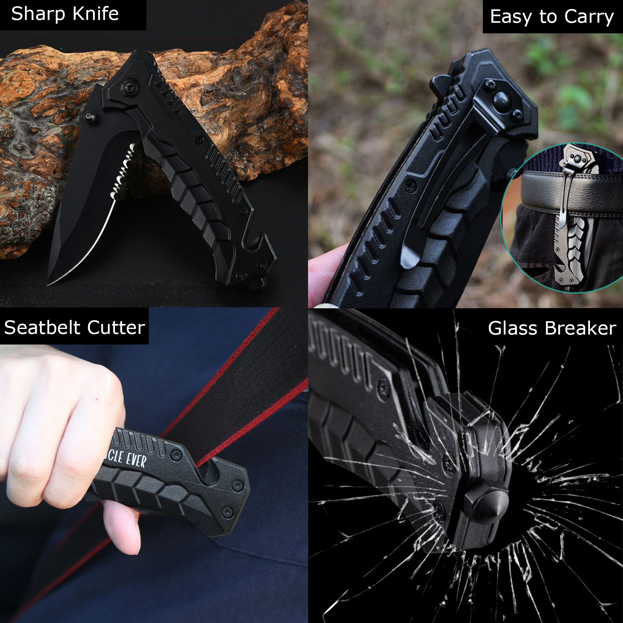 Car Safety Tactical Pocket Knife for Men EDC Tool - Serrated Sharp 3.5" Blade - Spring Assisted Folding Knives - Hunting Camping with Wire Cutter Glass Breaker - Best Gift Idea for Men Women HB 207 Survival Tools Survival Gear knife pocket self defense