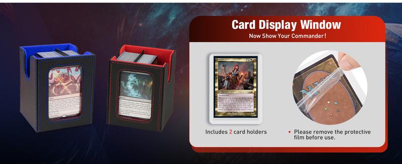 MTG Deck Box, Commander Deck Case Fits 200+ Double-Sleeved Cards, Magnetic Leather Card Storage Box with 2 Commander Display & 4Dividers & Dice Tray Fit YuGiOh TCG CCG Magic Cards, Black+Blue