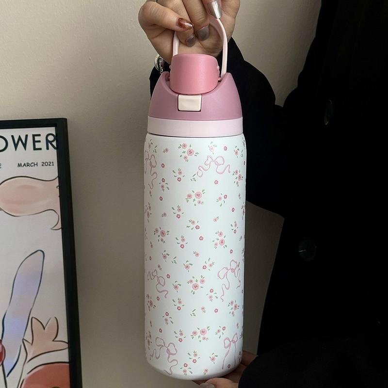 1pc Floral Pattern Insulated Double Wall Stainless Steel Sports Bottle, 24oz-32oz-40oz Sizes, Travel Cup with Straw Design for Gym School Travel, Thermo Tumbler, Insulated Water Bottle