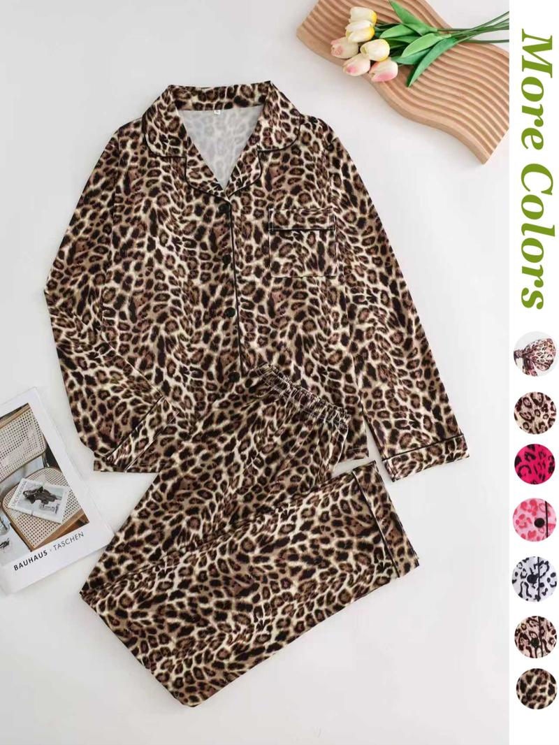 Women's Leopard Print Button Front Pocket Lapel Shirt & Elastic Waist Pants Pyjama Two-piece Set, Casual Comfy Pocket Long Sleeve Top & Trousers Pj Set, Women's Sleepwear for Spring & Fall, Loungewear Set Women, Leopard Print Pajamas