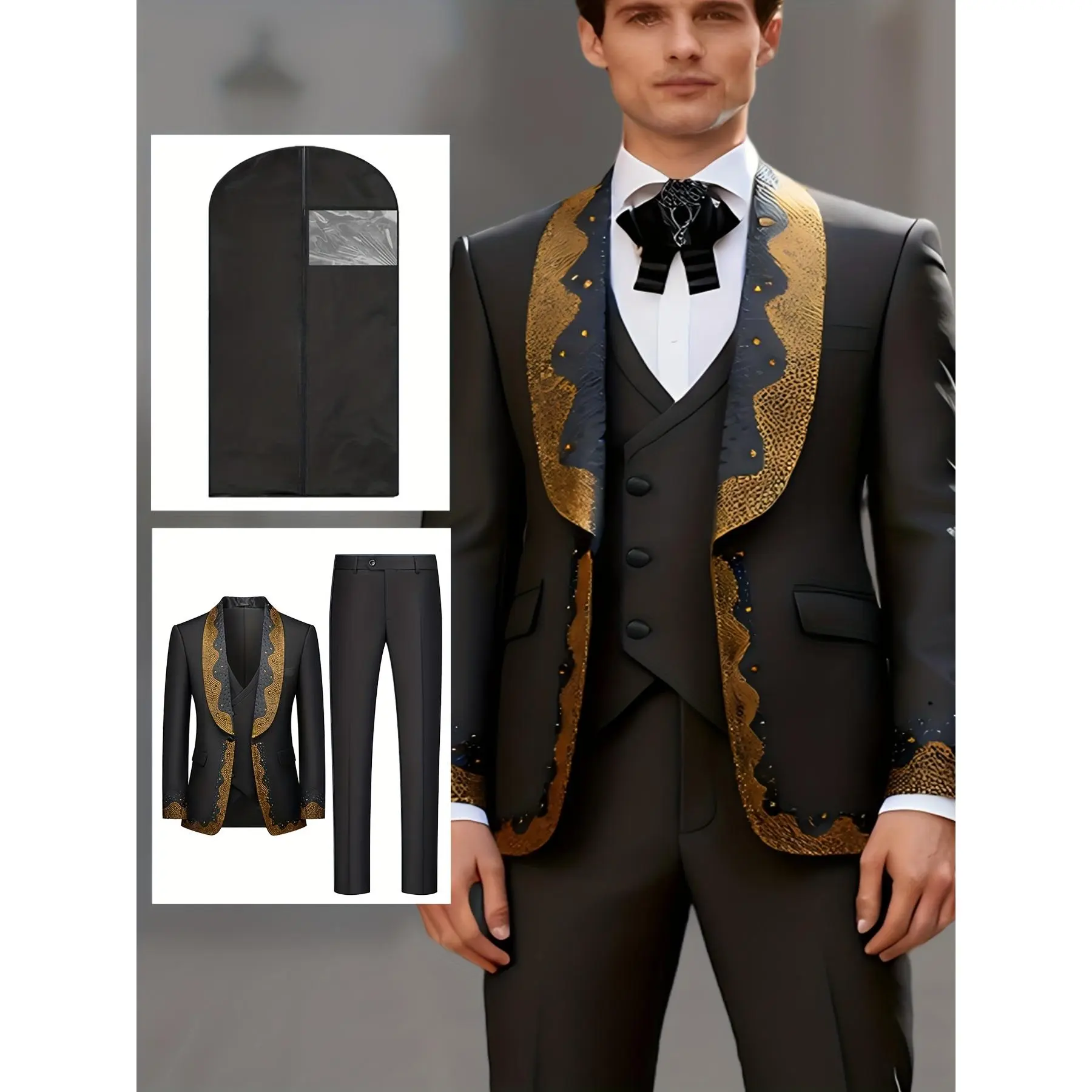 Men's 3-Piece Gold Accent Formal Suit Set with Free Dust Bag | Elegant for Wedding, Prom & Business Parties