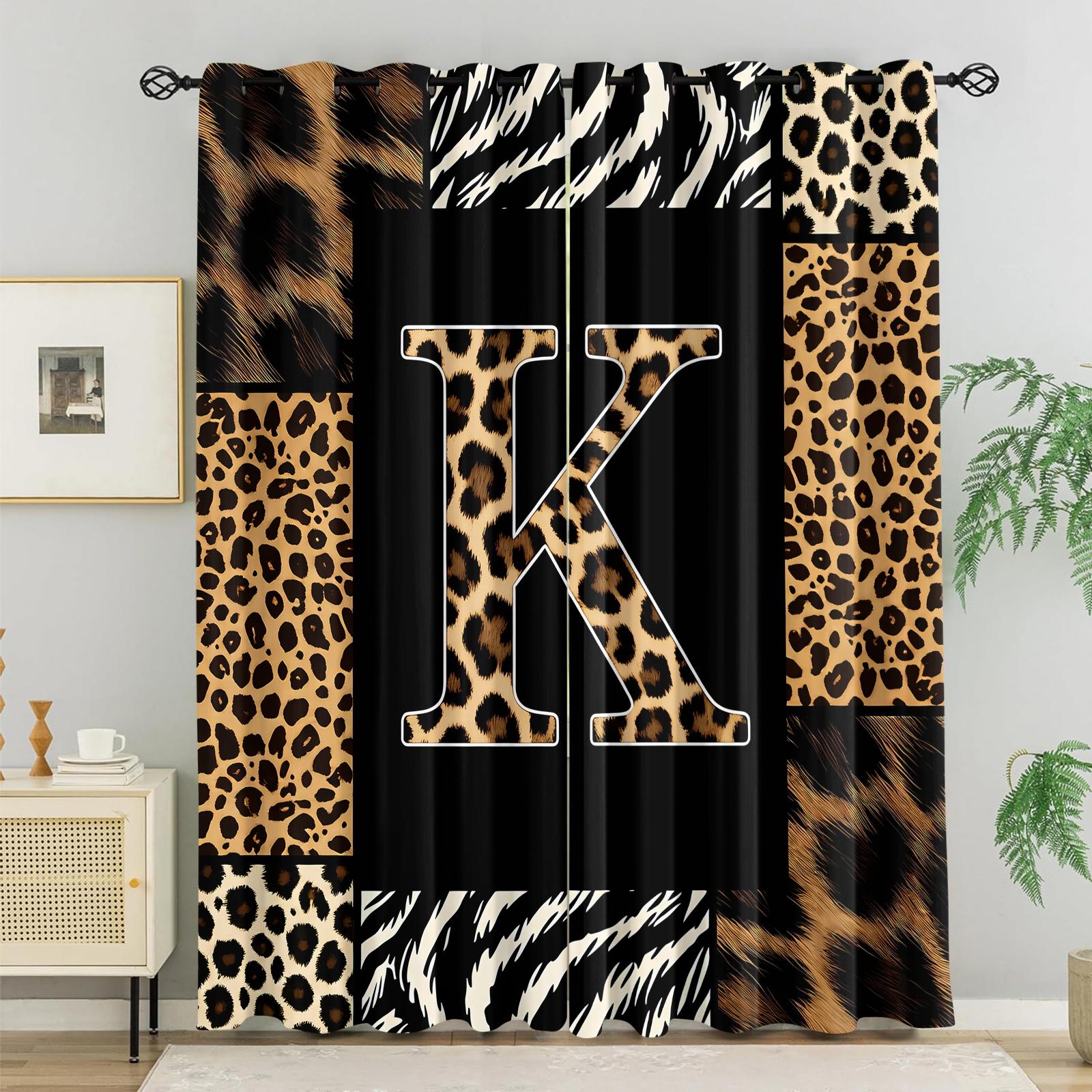 2 Panels 26 Letters Leopard Print Curtains, 80%-90% Light Blocking Curtains, Alphabet Printed Curtains, Stylish Decor Curtains for Bedroom Living Room, Wild Style Window Drapes, Ideal Gift