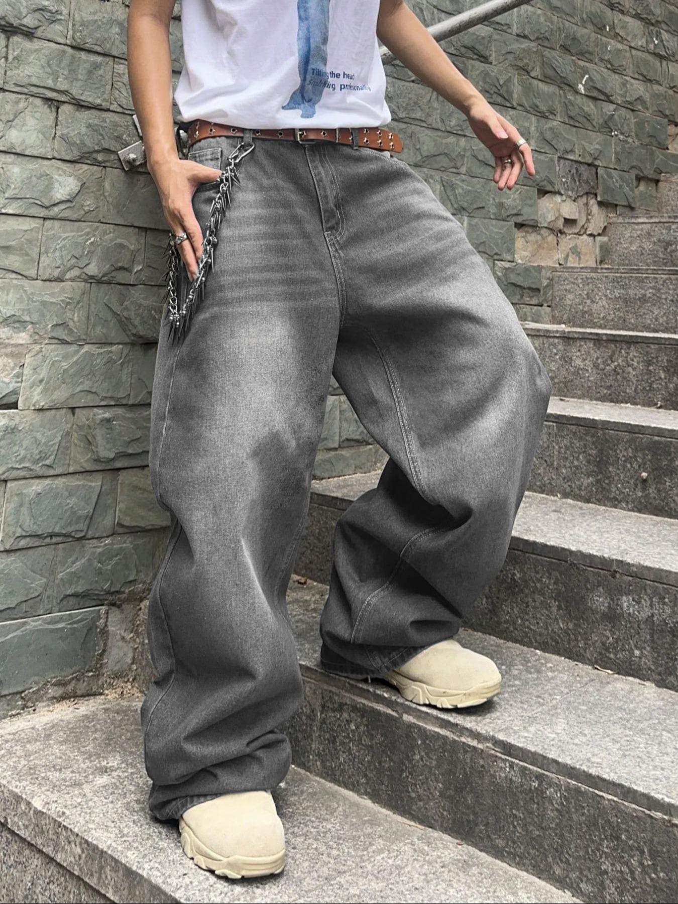 Men's Straight Leg Denim Jeans, Street Style Loose-Fit Casual Pants, All Season Fashionable High-Street Long Trousers, Relaxed Fit Jeans