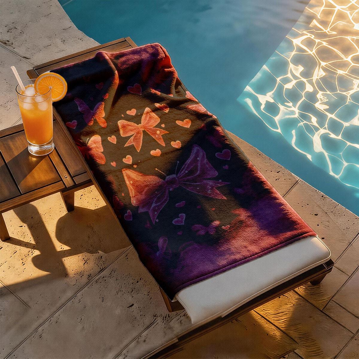 A Black Pink Gradient Bow Butterfly Heart All-over Printed Beach Towel - Oversized, Skin-friendly, Absorbent and Quick-drying, Perfect for Beach and Pool Leisure, Ideal for Summer Trips - Suitable for Seaside Vacations, Pool Parties and Outdoor Picnics