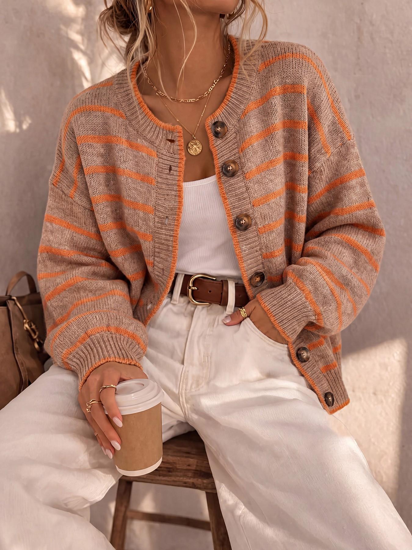 Women's Round Neck Drop Shoulder Single-Breasted Contrast Stripe Long Sleeve Fall/Winter Casual Fashion Loose Versatile Knit Cardigan – Urban Commute, Retro Street Sweater Wear