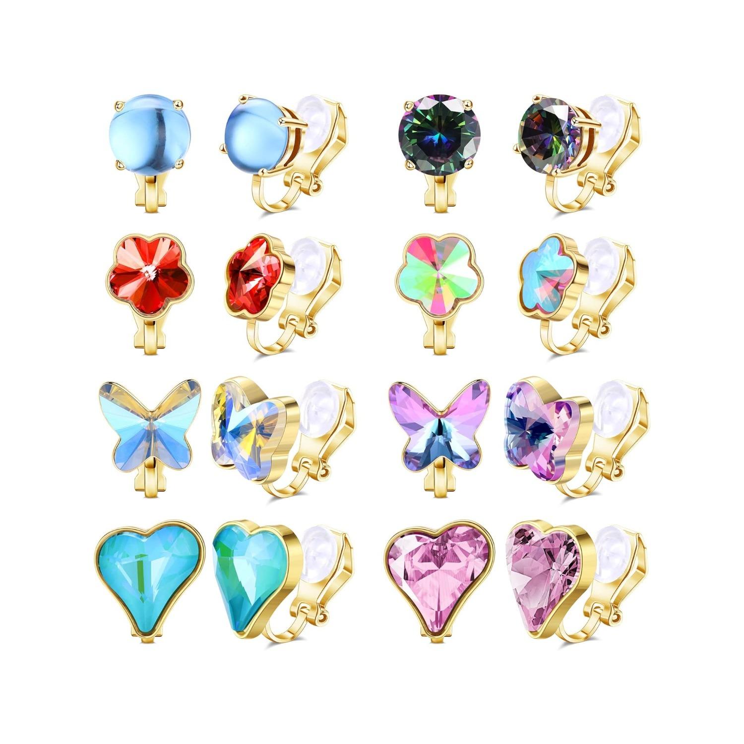8 Pairs Clip On Earrings Set for Women - Non-Pierced CZ Heart, Butterfly, Flower Earrings - Hypoallergenic, Vibrant Color Birthstone Clip Ons