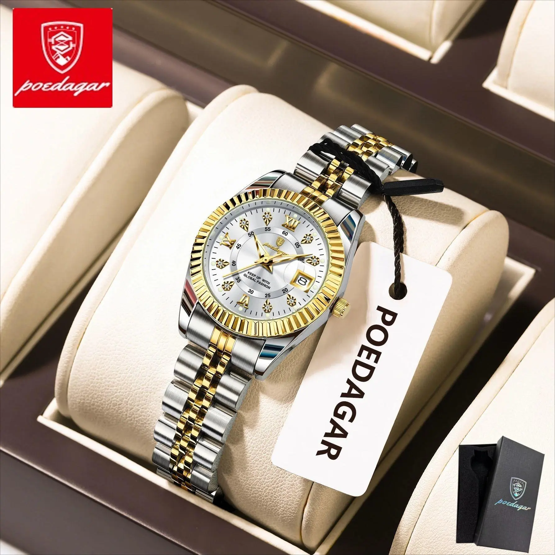 Poedagar watch, original elegant women's watch waterproof night light date stainless steel quartz fashionable women's watch