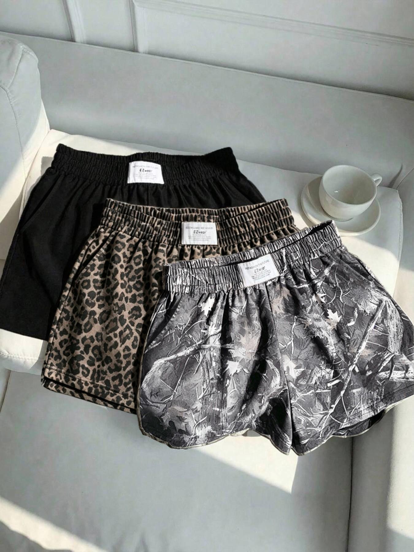 3-Pack Vintage Leopard Print Elastic Waist Casual Shorts for Women, Letter Waist Label Design, Y2K Style Sporty Outerwear Slimming Shorts