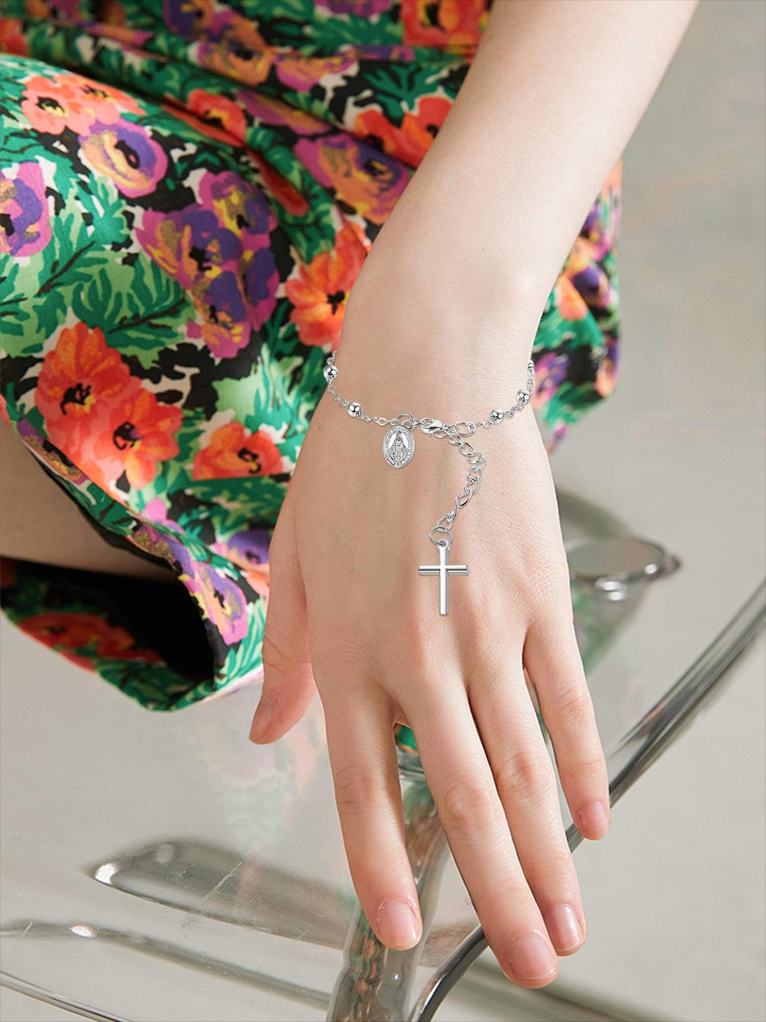 2 Pcs Silvery Unique Catholic Rosary Devotional Set for Women Men Elegant Rosary Necklace Bracelet with Miraculous Medal Cross Sacred Jewelry Gift for Baptism Confirmation Faithful Loved Ones