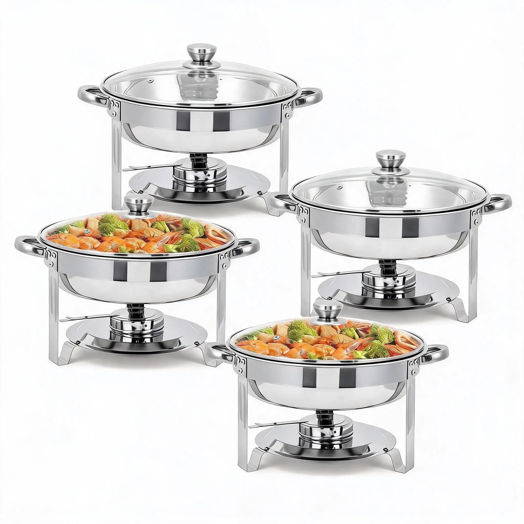 Round Chafing Dish Buffet Set Stainless Steel Glass Lid Food Water Pans Fuel Holder Weddings Parties
