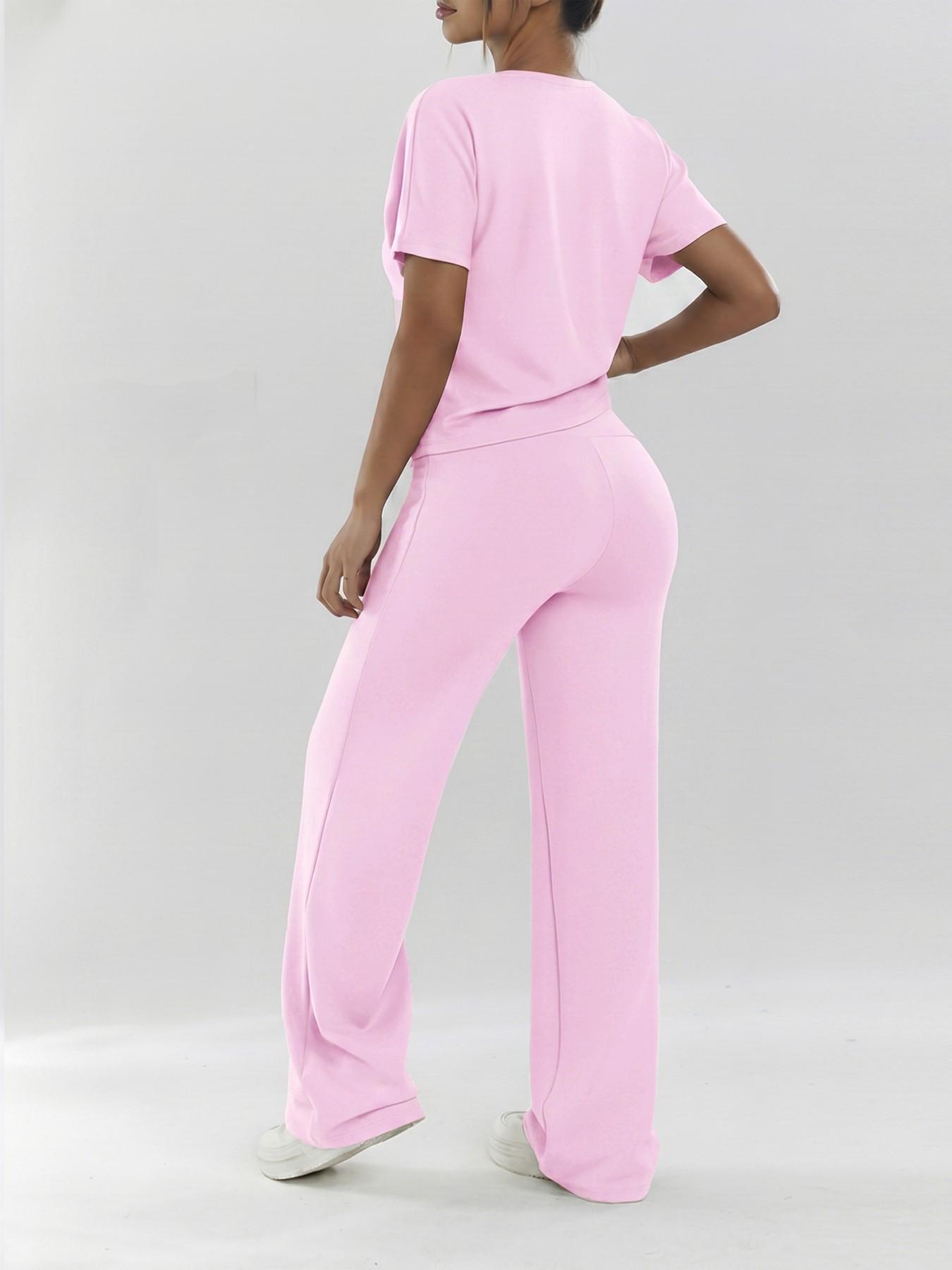 Women's Two-Piece Set, Loose-Fit Short Sleeve Top & High Waist Wide-Leg Pants, Breathable Fabric, Ideal for Yoga, Gym & Running, Athleisure Gym Clothes, Casual Activewear Set, Loose Casual Athleisure