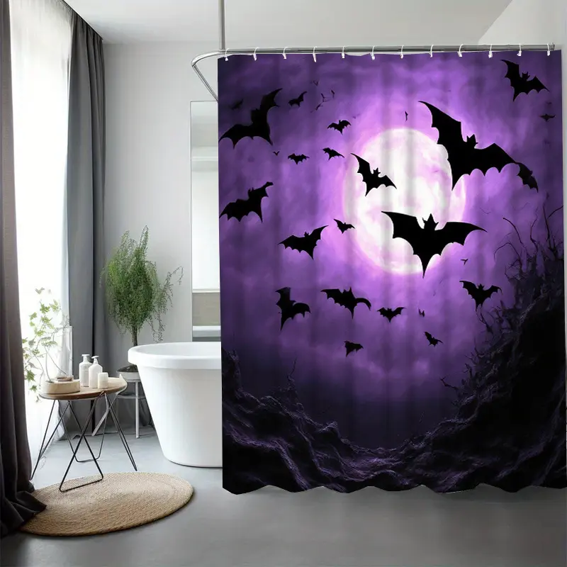 Gothic Bat Shower Curtain with Hooks, Elegant Halloween Dark Patterned Bathroom Decor Accent