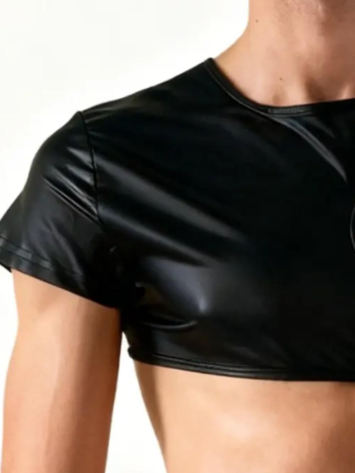 Men's Hollow Out One-Sided Chest Reveal Short Sleeve Top, European and American Style, Stage and Bar Performance Wear