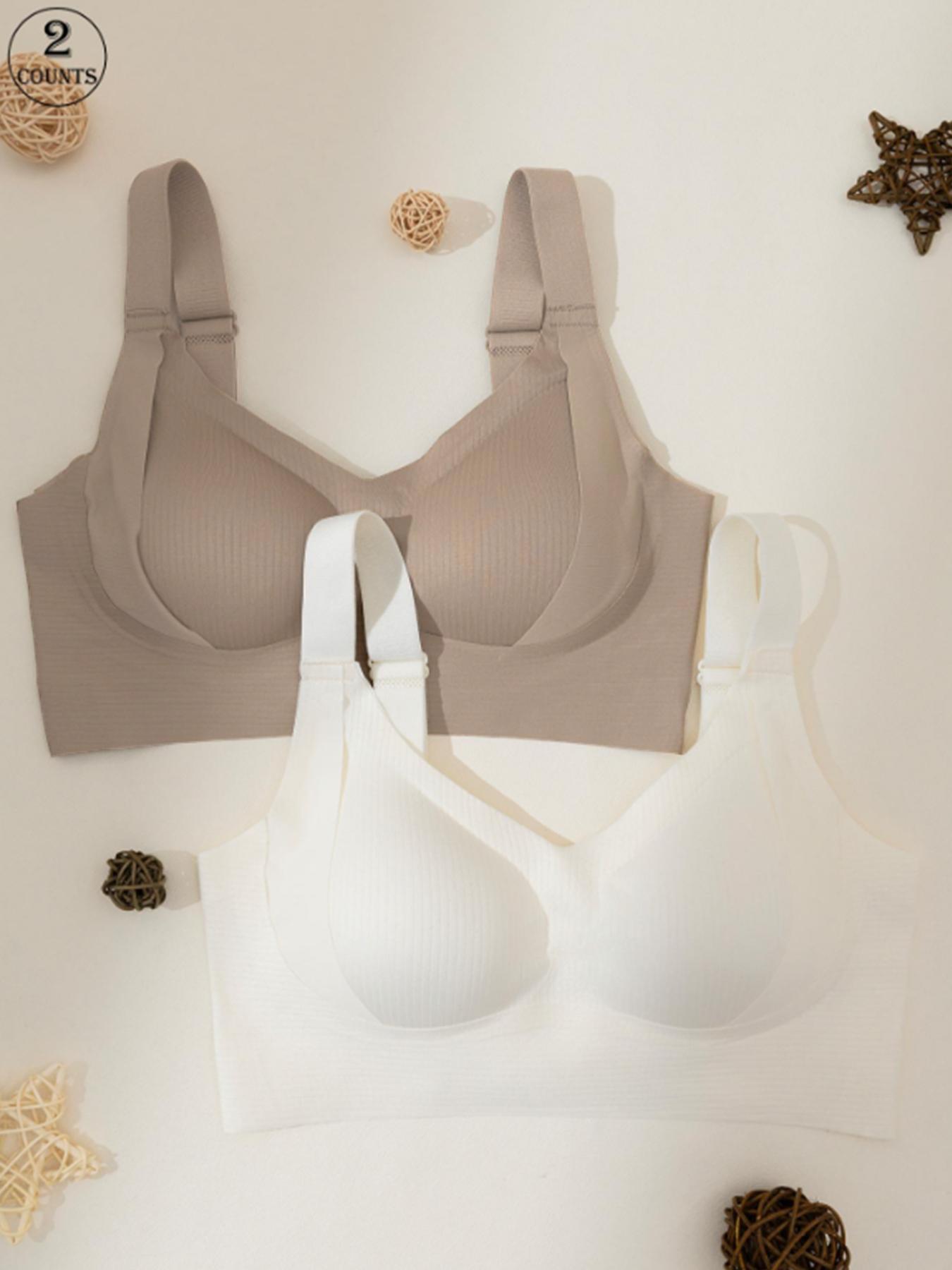Women's Seamless Wireless Bra, Adjustable Wide Shoulder Straps, Comfortable Breathable Daily Wear, Ribbed Stripe Design