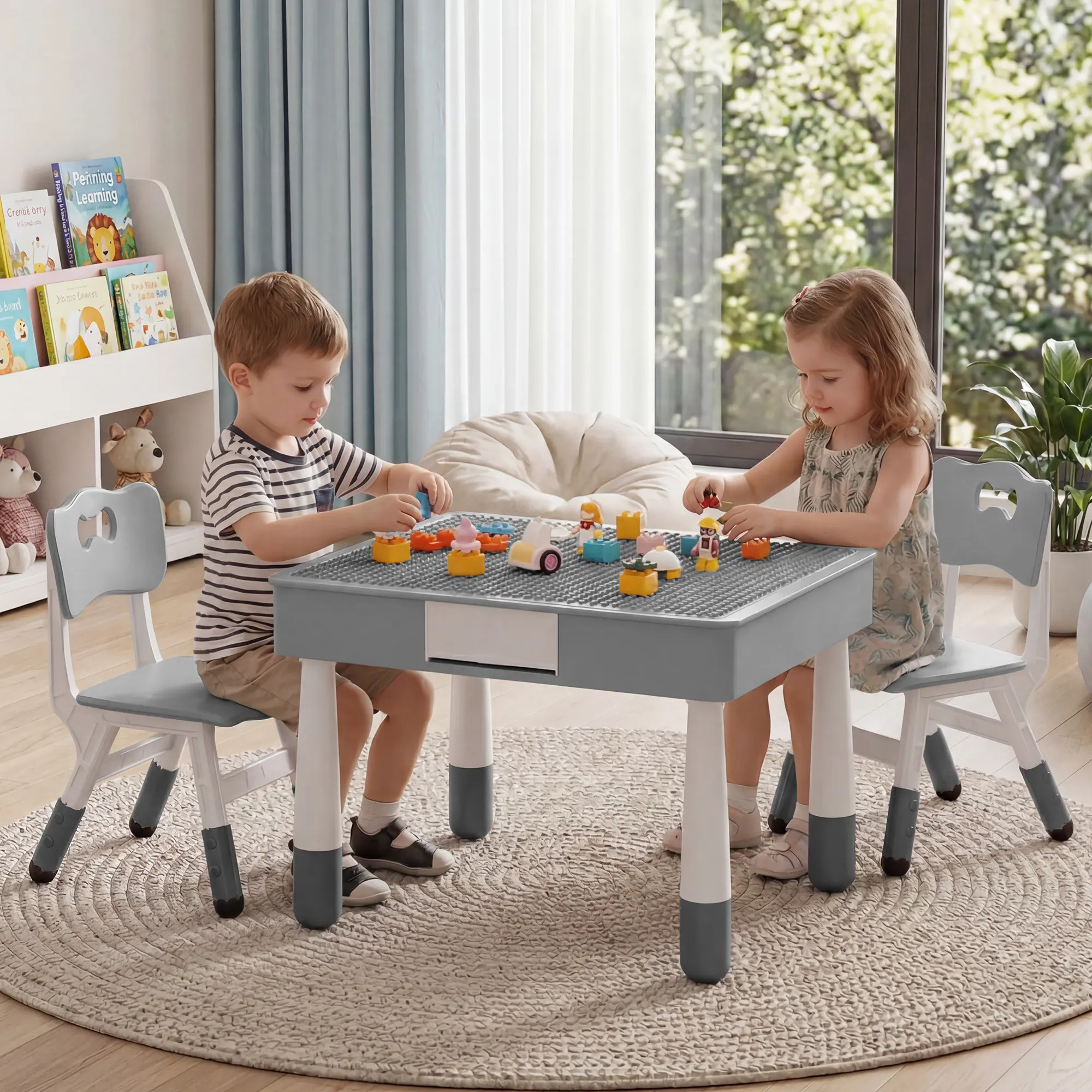 4-in-1 Kids Table & 2 Adjustable Chairs Set - Reversible Double-Sided Top (Graffiti/Blocks) - Toddler Activity Desk for Drawing, Reading, Dining & Play, Ages 3-10