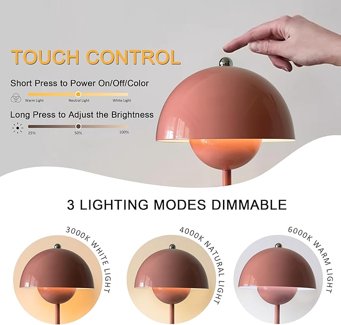 Modern Touch Dimmable Table Lamp, Wireless Rechargeable Nordic Minimalist Mushroom Light, Vintage Bedside Nightstand Lamp for Bedroom Living Room, Decorative Light