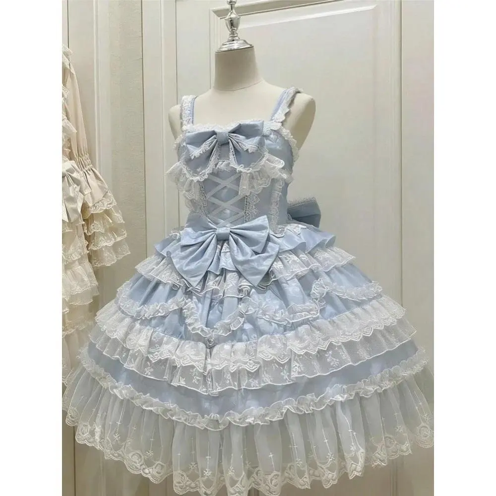 New White Mint Green Lace Bow Lolita Dress Women Kawaii Ruffled Tiered JSK Dress Princess Party Cosplay Cute Sleeveless Dress