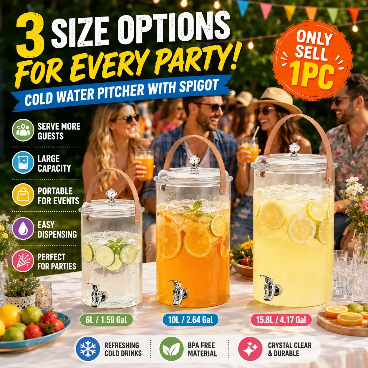 Refrigerator Drink Dispenser with Tap, Large Capacity Clear Beverage Container with Lid and Portable PU Handle, Cold Water Jug for Summer Drinks, Fruit Infused Water, Lemonade, Tea, Juice, Family Party, Camping, Patio and Fridge Storage
