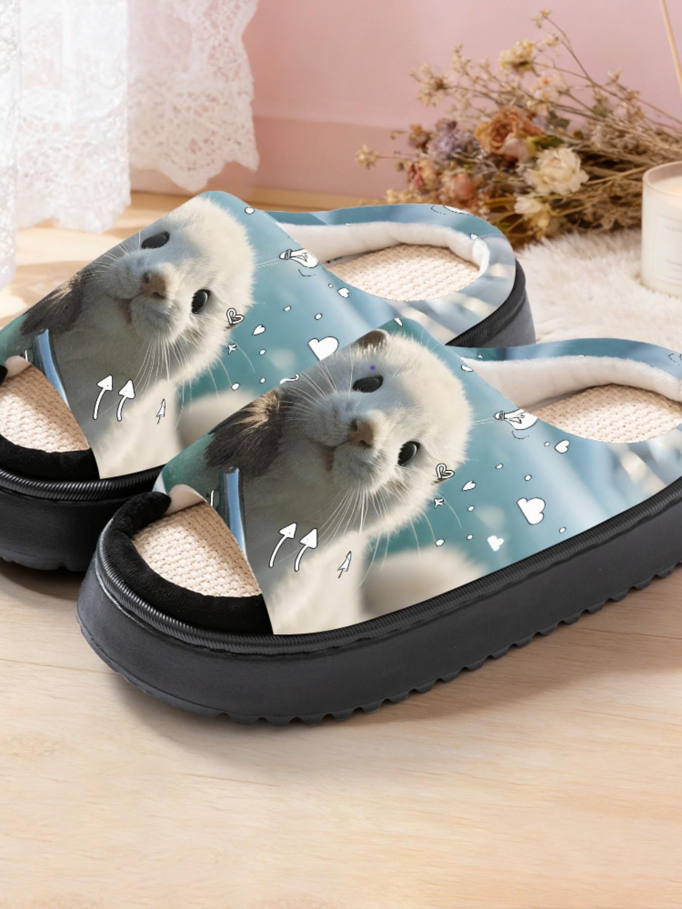 Cute Otter Print Linen Open-Toe Sandals, Casual Textile Eva Sole, Less Than Ankle Height, Cartoon Pattern, All Seasons Footwear