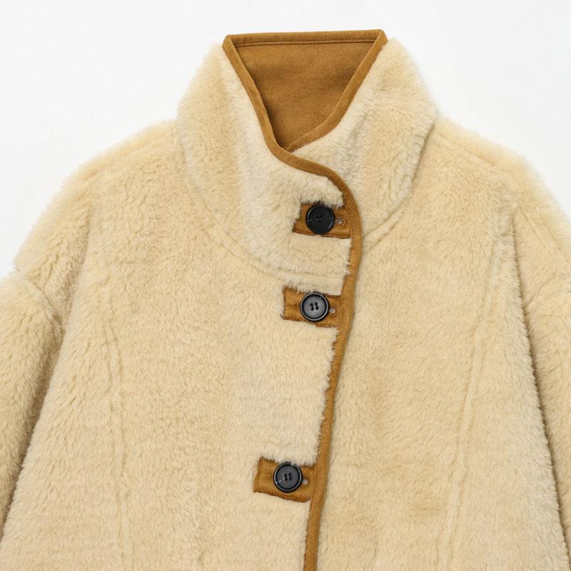 Women's Two-Sided Jacket Camel Wool & Cream Faux Fur, Stand Collar with Pockets, Vintage Winter Layered Fashion Coat Outerwear