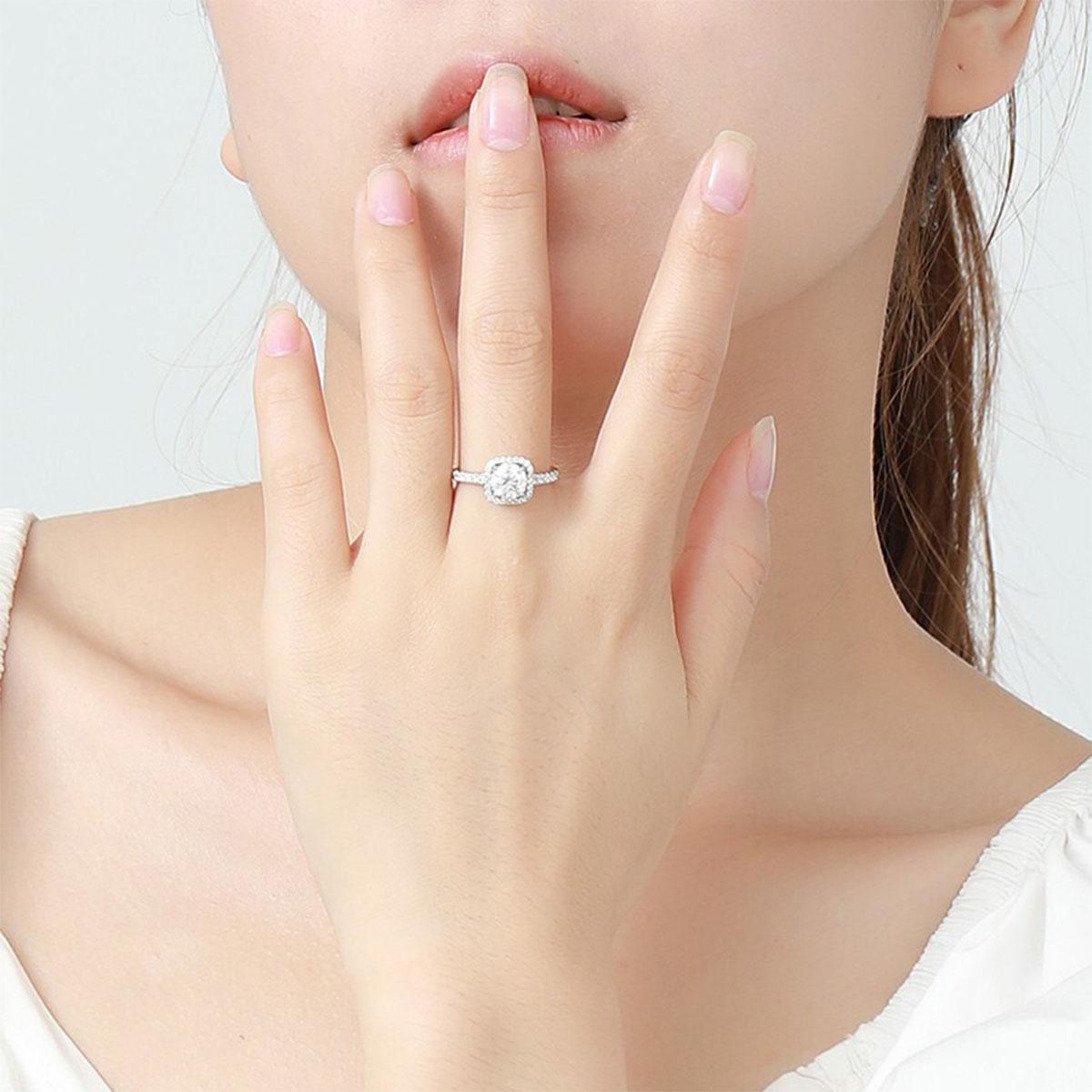 [245 0.5CT&Round Band] 0.5CT Synthetic Moissanite Square Ring + Eternity-band Set Square Halo Design 925 Sterling Silver Promise Ring Engagement Wedding Gift