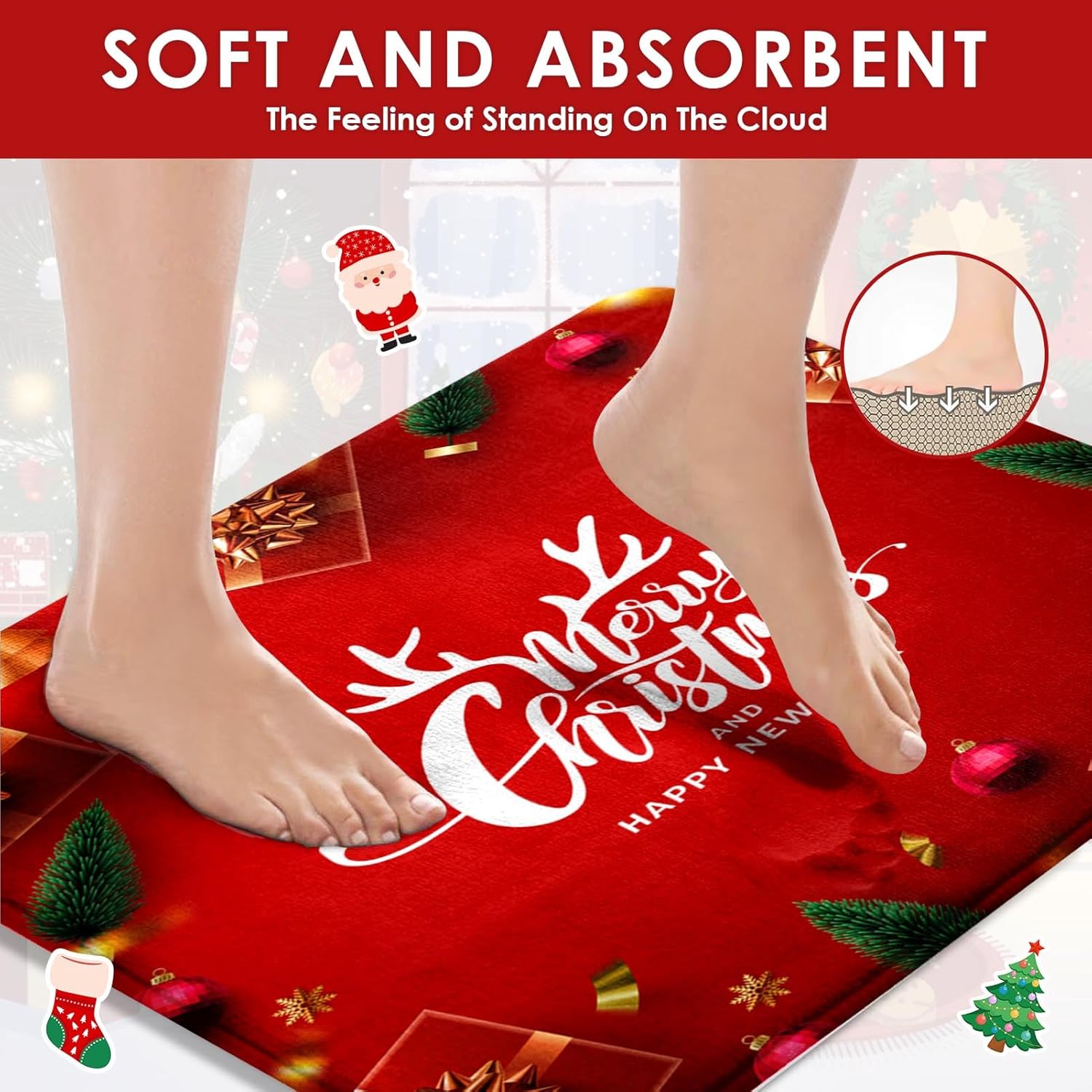 4 Pcs Shower Curtain Set Merry Christmas Happy New Year with Non-Slip Rugs Toilet Lid Cover and Bath Mat Bathroom Decor Set