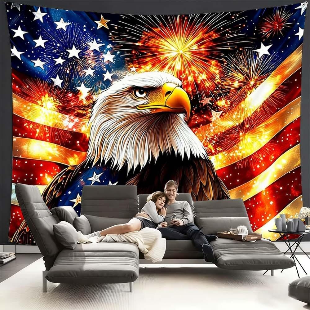 1PC Independence Day themed tapestry featuring majestic eagle and vibrant fireworks creates festive atmosphere perfect for enhancing wall decor in bedrooms or living rooms during gatherings and celebrations stunning design complements home style rich colo