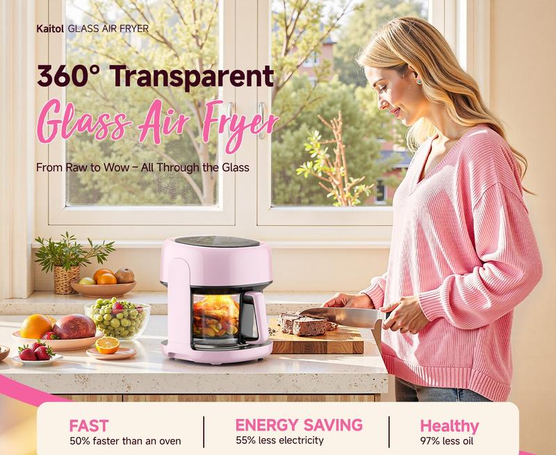 Pink Air Fryer 5QT, 8-in-1 Glass AirFryer with Visible Window, Touch Controls, Compact Design, Nonstick & Dishwasher-Safe, Easy Meal Kitchen Appliance