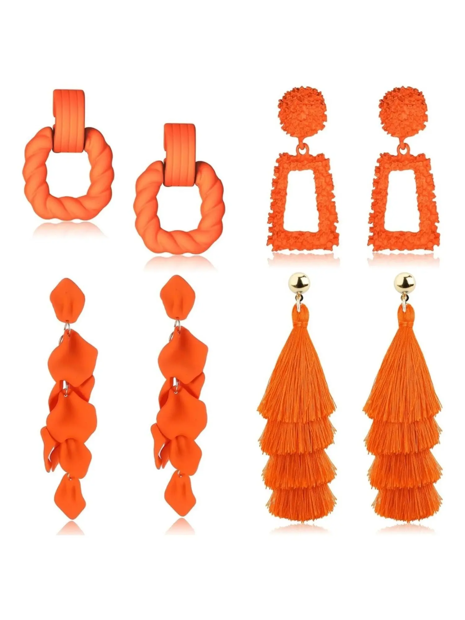 4 Pairs Vibrant Orange Statement Dangle Earrings Pack Alloy Frame Smooth Acrylic Tiered Tassel Stainless Steel Ear Studs Twisted Hollow Hoop Textured Rectangular Frame Petal Pendant Layered Tassel Matte Orange Finish Trendy Design Elegant Boho Earrings
