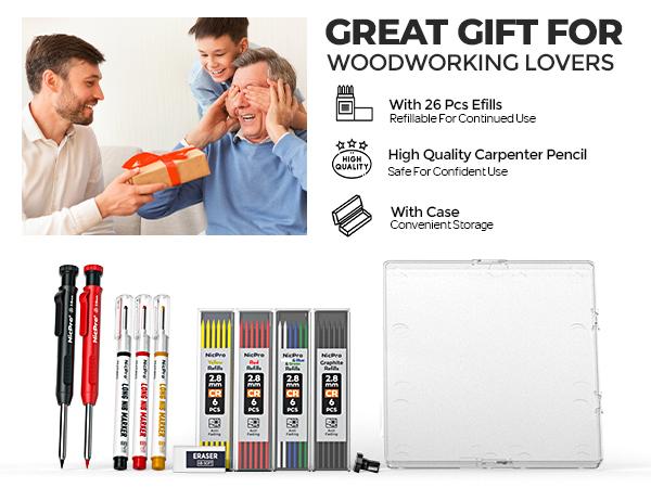 Nicpro 6 Pack CP1000 Carpenter Pencil with Sharpener, Mechanical Carpenter Pencils with 66 Refills, Deep Hole Long Nib Marker Pens for Construction, Heavy Duty Woodworking Pencil for Architect Marking