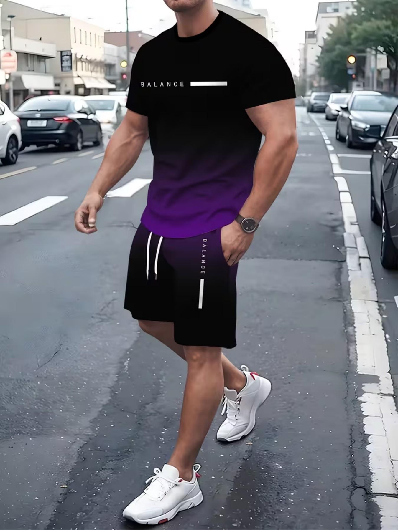 Men's Gradient Fitness Short Sleeve Set, Summer Trendy Sportswear Casual Two-Piece, Fitted Tee and Shorts, Regular Length Men's Gradient Fitness Short Sleeve Set, Summer Trendy Sportswear Casual Two-Piece, Fitted Tee and Shorts, Regular Length