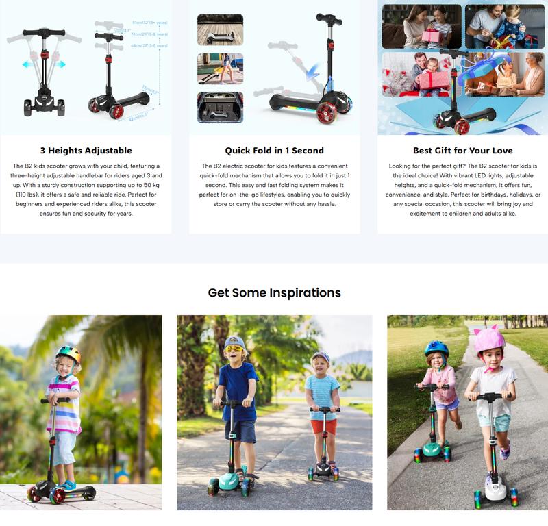【New Year Sale】Electric Scooter, Light Up 3-Wheels Electric Scooter for Kids Age 3-8, 3-Height Adjustable, 1 Hour Playtime, Bluetooth Control, 110LBS Max Load Foldable Electric Scooter with Foot Brake