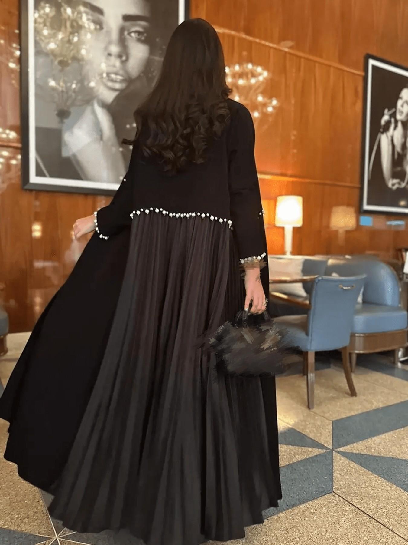 Hafizah Women's Blazer Neck Pearl Decor Long Cardigan, Pleated Patchwork Wide Skirt Flowy Outerwear, Elegant Aesthetic Formal Dress Coat