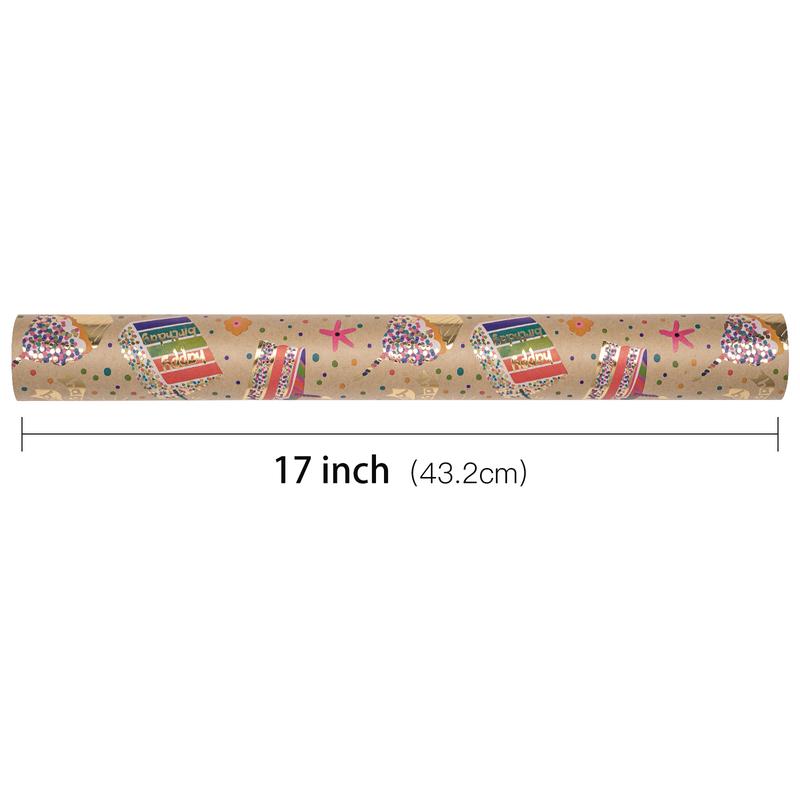 RUSPEPA Birthday Wrapping Paper for Girls, 17 in x 16.4 ft, Mini Roll, Gold Foil Birthday Cake and Dot Pattern Great, Kraft Wrapping Paper Roll for Girls, Boys, Birthday, Party and Holiday
