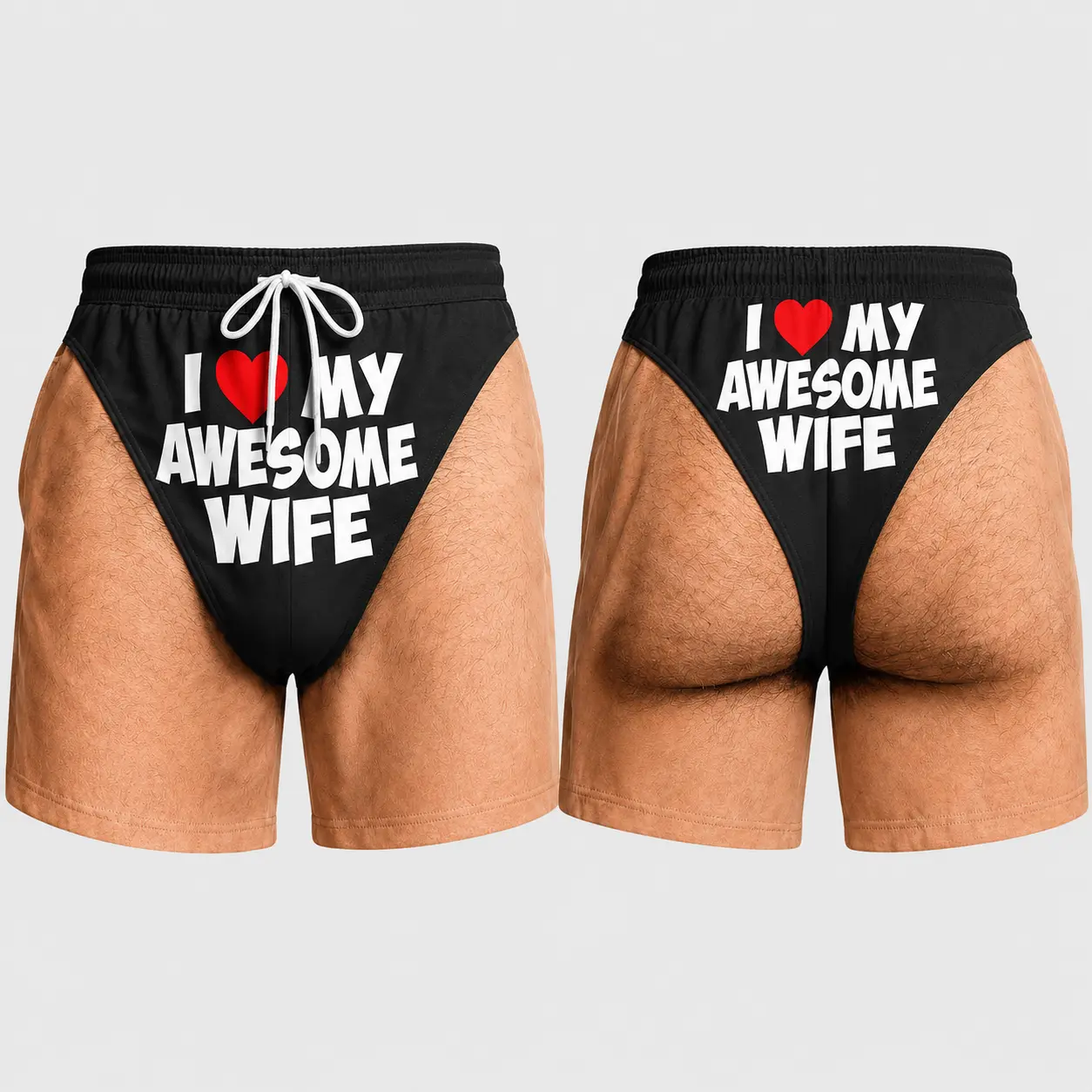 Funny Couple Love Slogan Printed Men's Beach Swim Trunks, Novelty 3D Fake Buttocks/Underwear Casual Vacation Board Shorts with Lining, Gift for Him