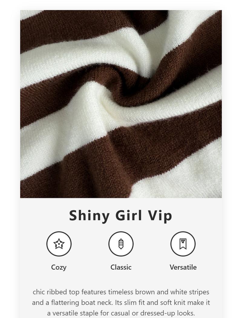 Women Striped Knit Top Brown White Blouse Long Sleeve Tee Slim Fit Sweater Boat Neck Top Ribbed Knit Blouse Stretch Fabric Top Casual Fashion Shirt Outfit French Chic Style Soft Knit Pullover Elegant Slim Top Lightweight Knitwear Casual Classy Top
