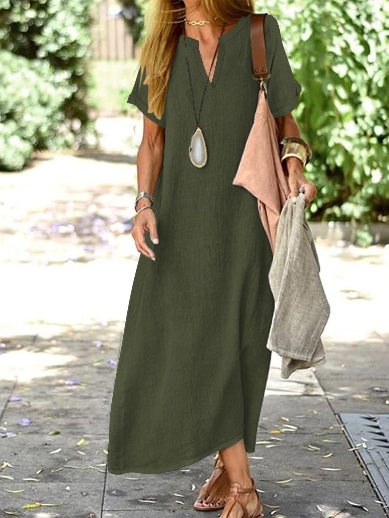 Women's Plain Solid V-Neck Short Sleeve Dress, Simple Long Dress for Women, Fitted Casual Fashion, Perfect for Daily Wear