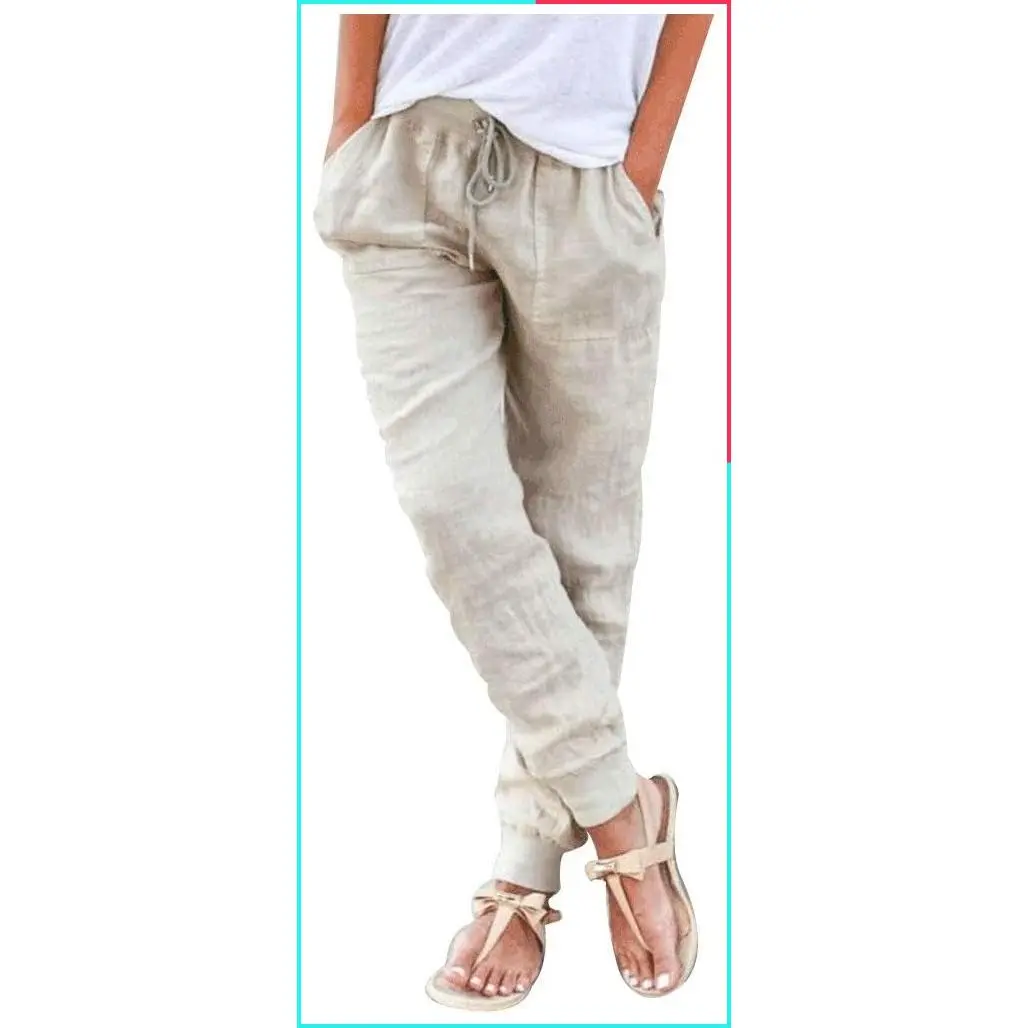 Women's Cotton Linen Tapered Petite Summer Casual Beach Pants with Drawstring, Elastic Back Waist, Pockets - Soft Lightweight Trousers