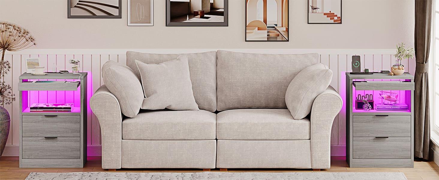 Sikaic Nightstand With Pull-Out Shelf Wireless Charging Station And LED Lights led nightstand Furniture Bedroom Bedside Table Drawer Storage Modern Minimal Home Wood