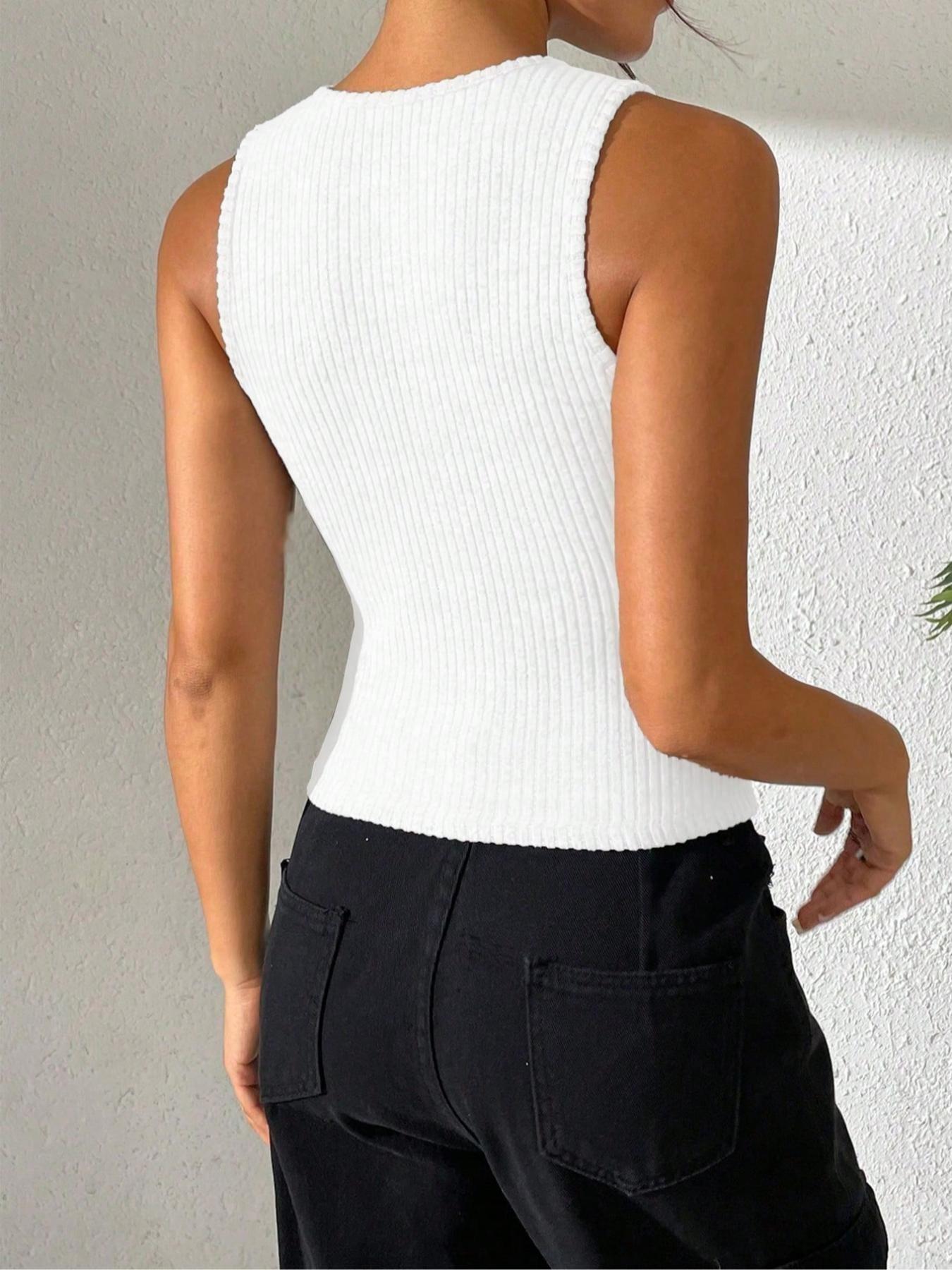 Women's Tight-Fit Knitted Ruched Micro-Transparent Round Neck Sleeveless Slim Fit Vest, Split Hem Button Design, Elegant Chic Casual Daily Fashion Top