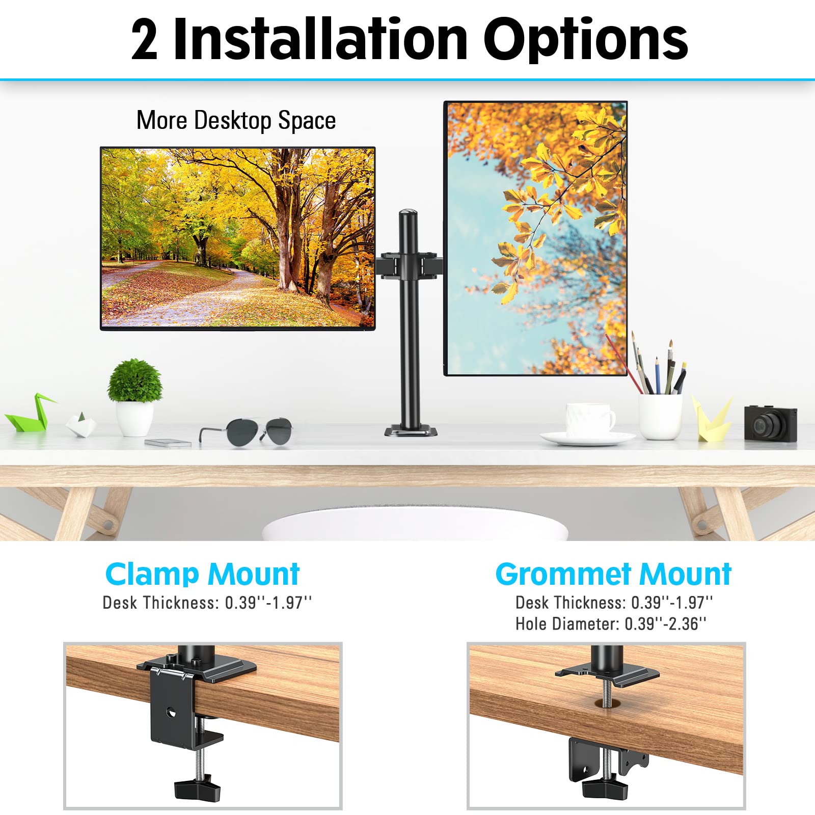 MOUNTUP 17"-32" Dual Monitor Desk Mount, Max 27" for Curved Screens, Each Hold Up to 19.8lb, VESA 75x75mm or 100x100mm, Fully Adjustable Dual Monitor Arm for 2 LCD Screens, Dual Monitor Stand with C-Clamp and Grommet Base MU0002